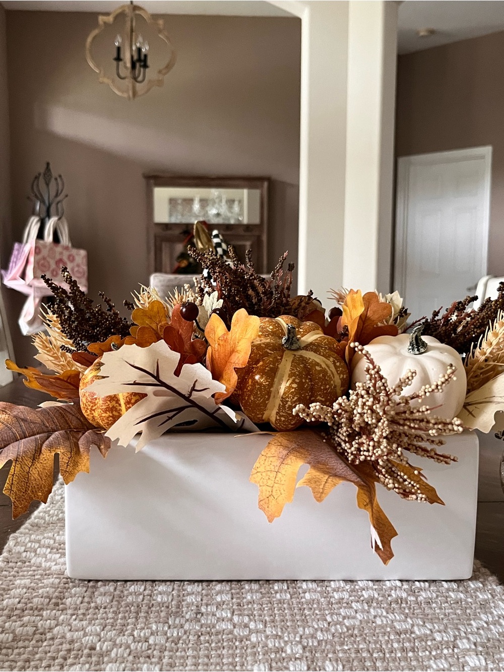Autumn Harvest Faux Pumpkin Centerpiece - White Ceramic Planter